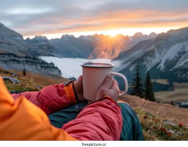 A person holding a cup of coffee and watching the sunrise over the mountains