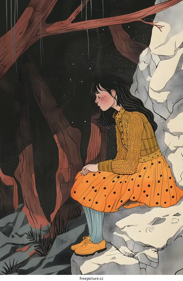 Girl Sitting Alone in the Forest at Night