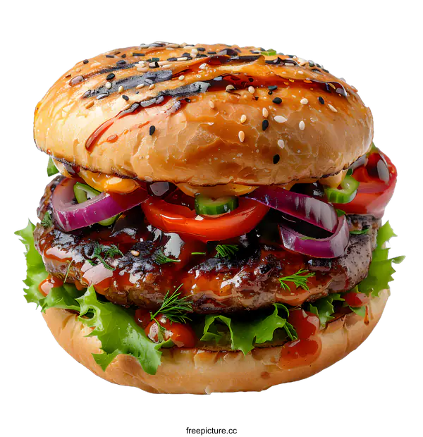 [Transparent Background PNG]Delicious Burger with Beef Tomato Onion and Lettuce