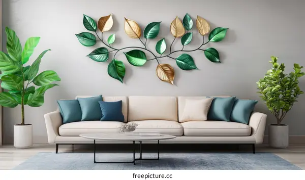 Modern Green and Gold Leaf Wall Art Decor Living Room