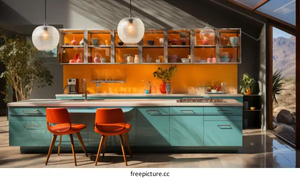 Retro kitchen with blue cabinets and orange countertops