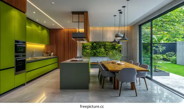 Modern Green Kitchen Dining Area with Garden View