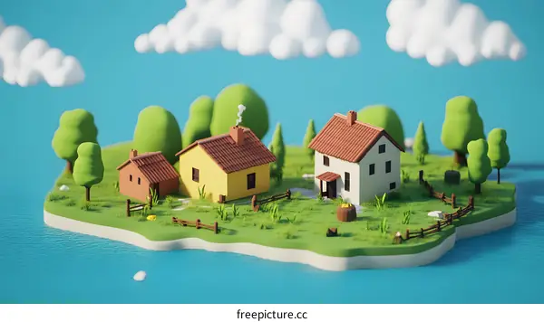 Low Poly 3D Illustration of Small Houses on an Island