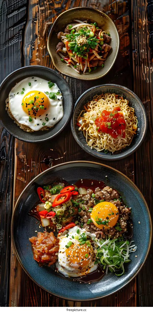 Delicious Asian Food with Fried Eggs, Noodles and Meat