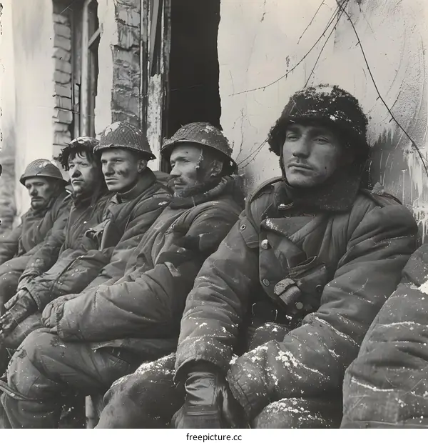 A group of soldiers in winter gear sit on a pile of rubble in a destroyed city during World War II.