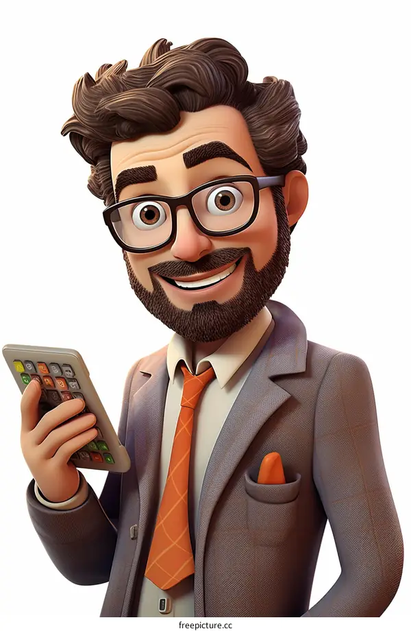 Smiling bearded man holding a calculator