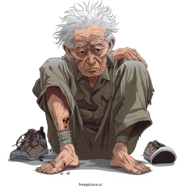 Illustration of an old man with white hair and beard sitting on the ground with bare feet