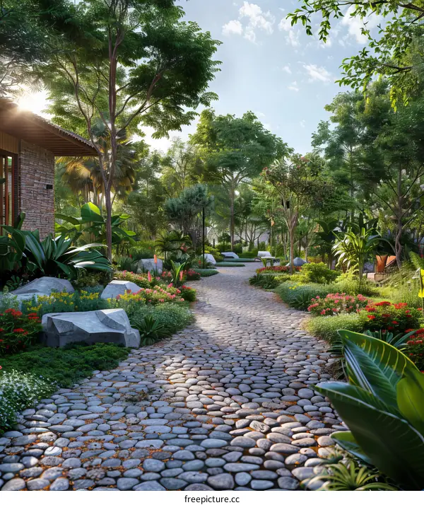 Natural Stone Pathway in Lush, Tropical Garden
