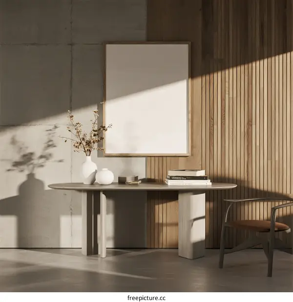 Modern minimalist living room with wooden wall and concrete table