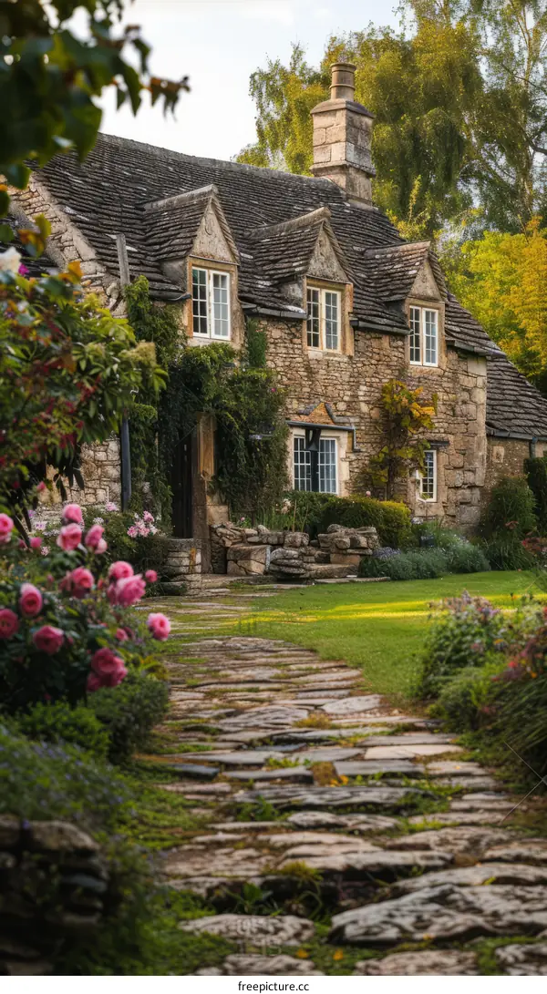 Stone Cottage with a Blooming Garden