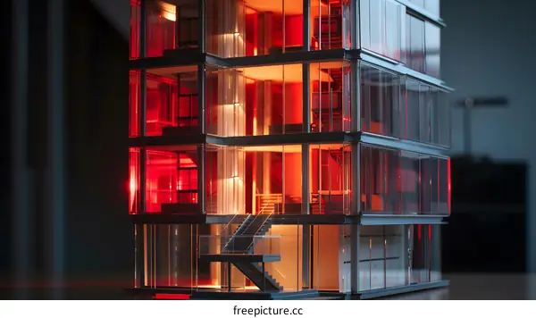 Glass Building Model with Red Interior Lighting