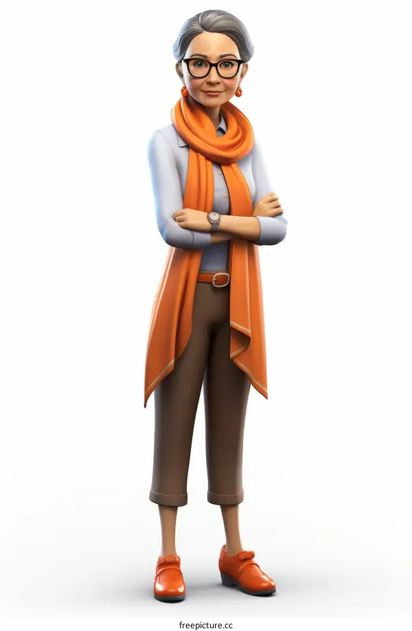 A grandmotherly woman with gray hair and glasses wearing an orange scarf