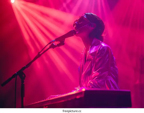 Singer in concert with pink lights