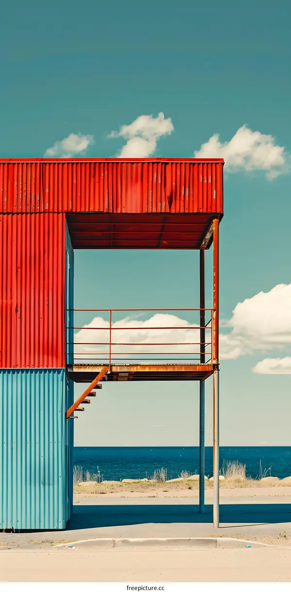 Red and Blue Metal Structure Beach Lookout