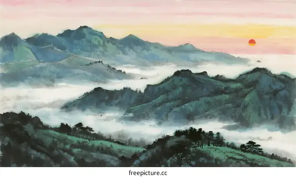 Beautiful Sunrise Over Misty Mountain Range with Soft Colors