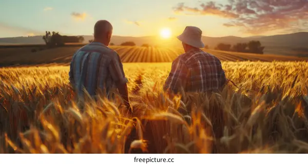 Two farmers are inspecting their wheat field