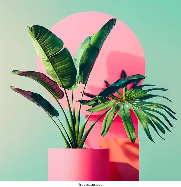 Tropical Plants in a Pink and Green Background