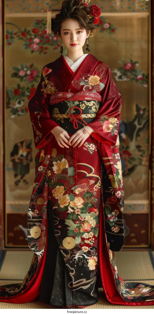 Portrait of a Japanese Geisha in Traditional Kimono Attire