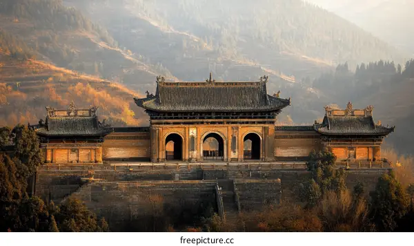 Ancient Chinese Temple Architecture in Mountain Scenery