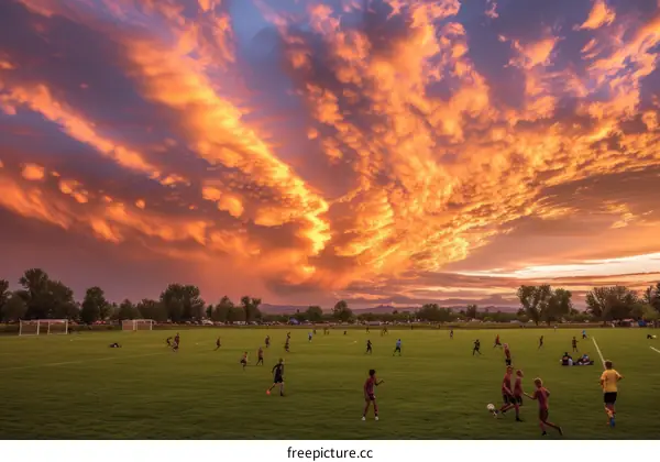 A soccer game is played on a field with a beautiful sunset in the background