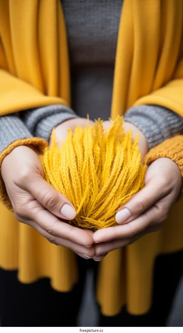 Close-up of a person's hands holding a handful of yellow yarn