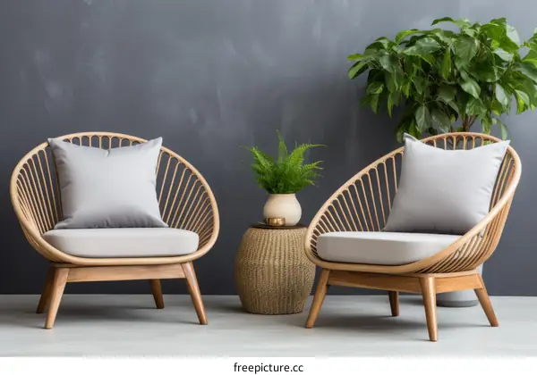 Two comfortable chairs in a room with a gray wall