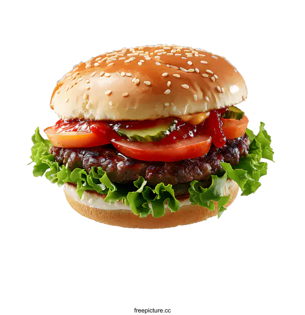 [Transparent Background PNG]yummy hamburger with pickles tomatoes and lettuce