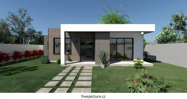 Modern Minimalist House Design With Stone Path And Green Lawn