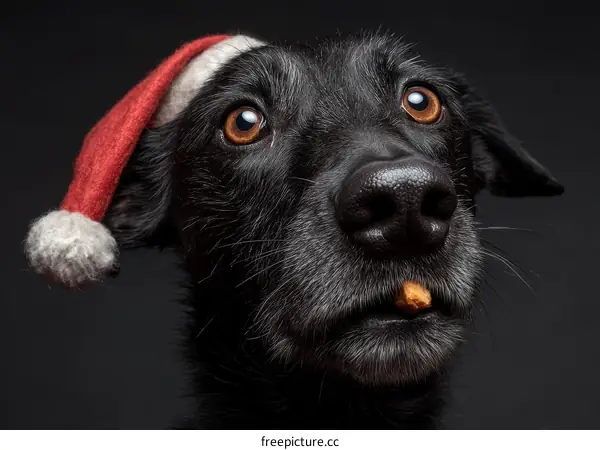 Close-up of a Black Dog Wearing a Santa Hat