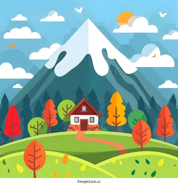 Mountain Landscape Illustration with a House