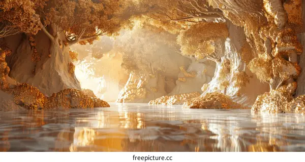 fantasy landscape with golden trees and a river flowing through it
