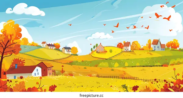 Autumn Landscape with Houses and Flying Birds