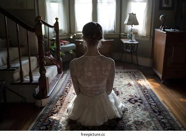 Woman Sitting on Carpet in Old House