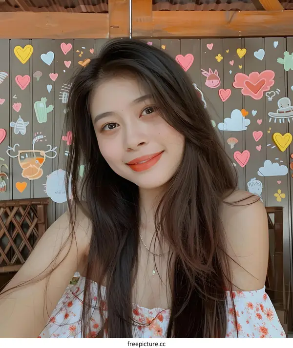 Smiling Asian Woman with Long Brown Hair in Front of a Wall with Hearts