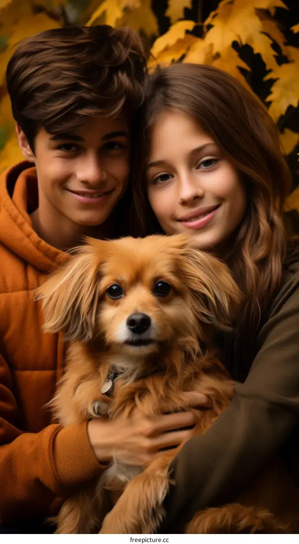 Portrait of a happy teenage boy and girl with their dog