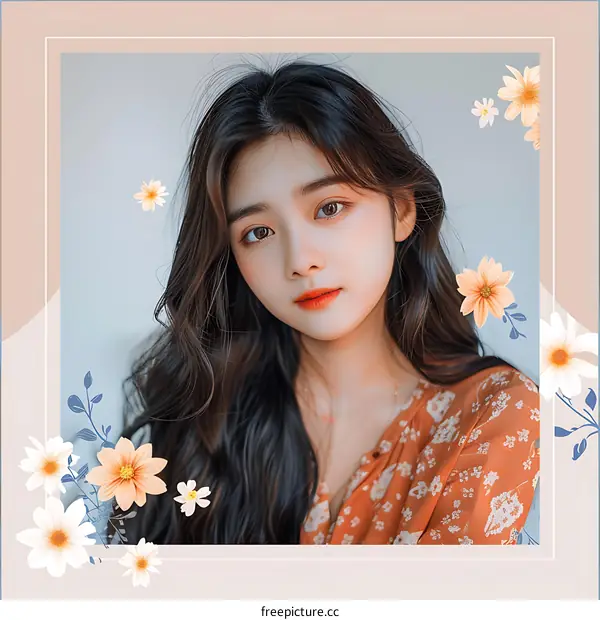 Portrait of a Young Asian Woman with Flowers