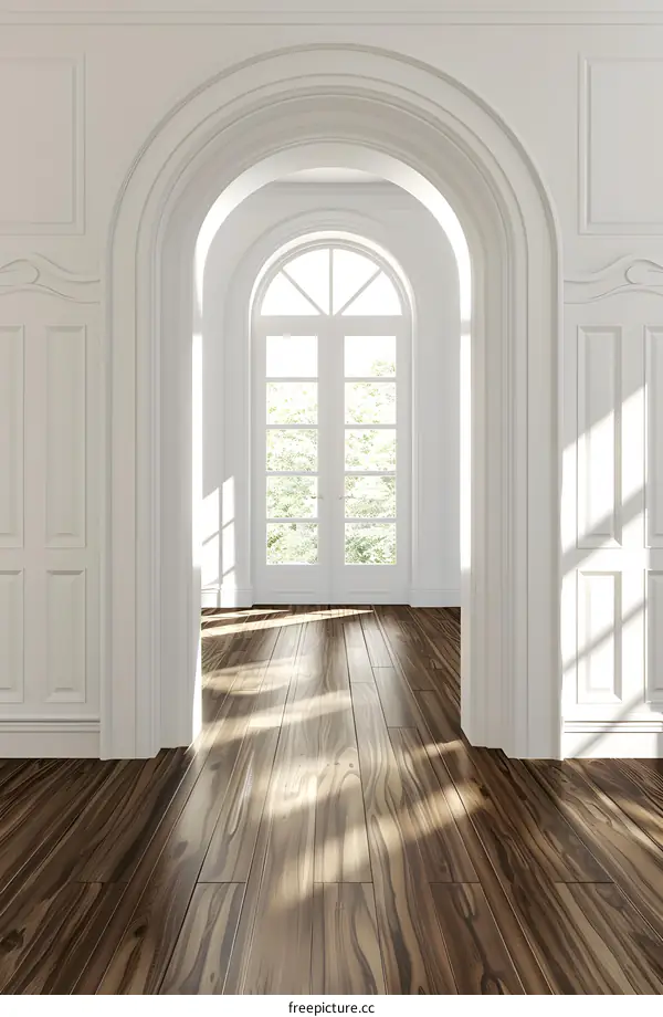 White Room With Archway And Wooden Floor