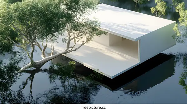Modern Architecture House Over Water With Tree