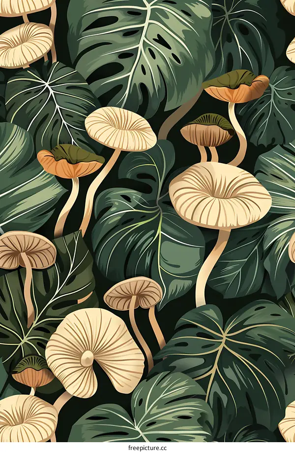 Tropical Seamless Pattern with Mushrooms and Leaves