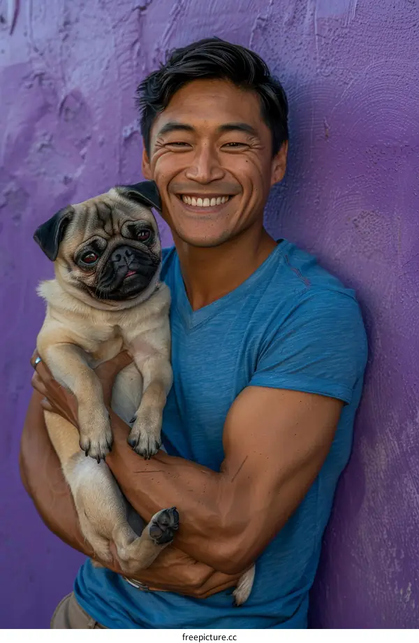 Asian man smiling with pug