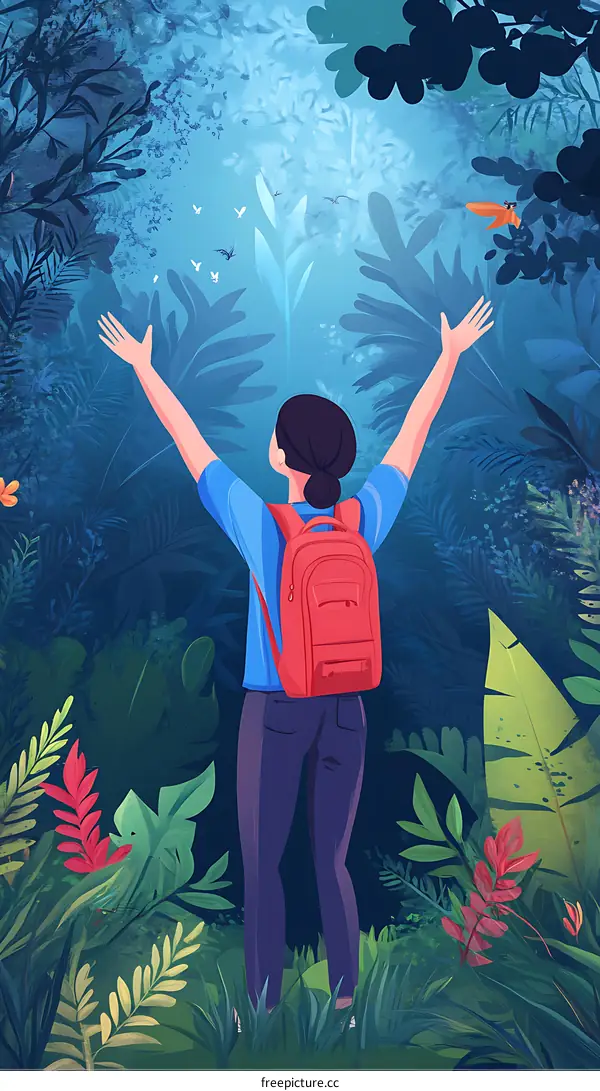 Woman With Backpack in Forest Raising Hands to the Sky