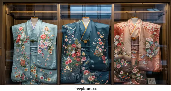Three beautiful and colorful kimono displayed in a glass case