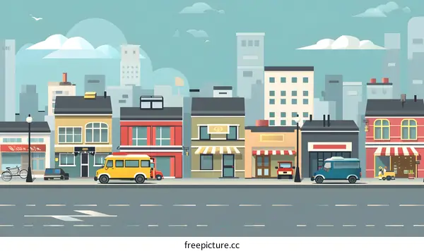Flat Design City Street Illustration with Shops and Cars