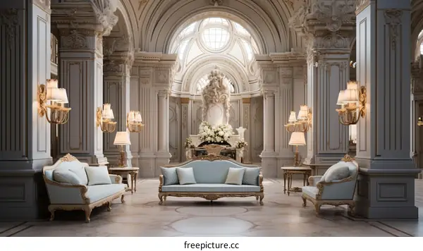 ornate living room interior with marble columns and crystal chandelier