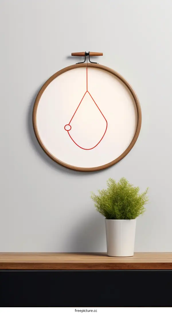 Minimalist embroidery hoop art with a single red thread