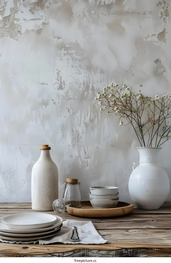 White Ceramic Tabletop Decor with Dried Flowers on Wooden Table
