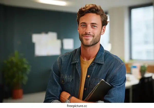 Confident Caucasian Man Holding Tablet in Office