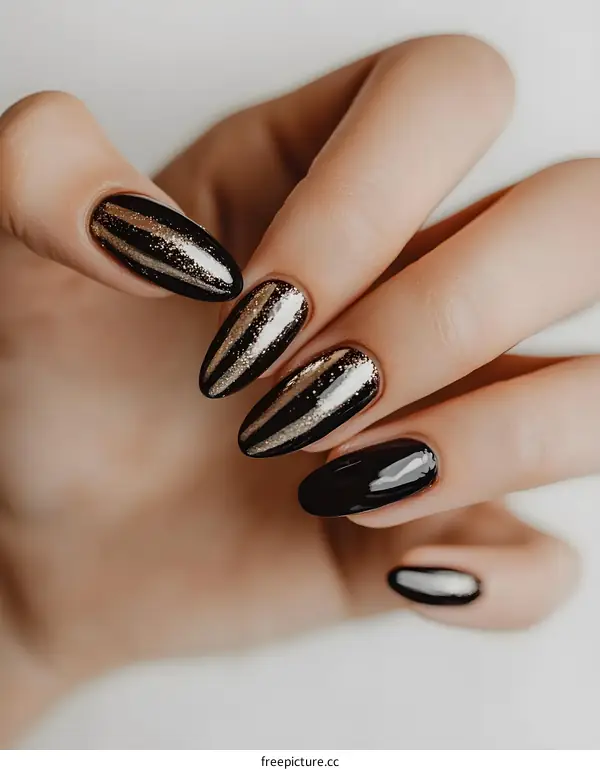 Closeup Of Female Hand With Black And Gold Nail Polish