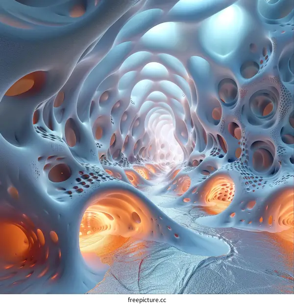 Eerie Blue and White Alien Cave with Glowing Orange Rocks