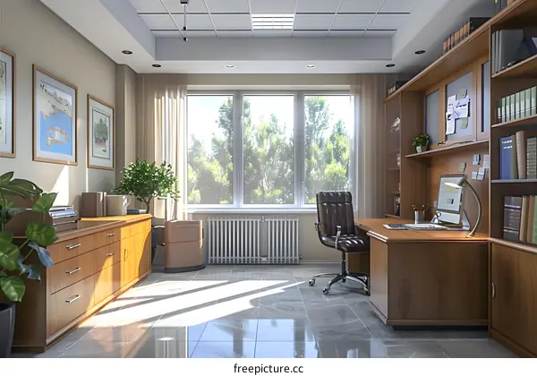 Office interior with large windows and a desk